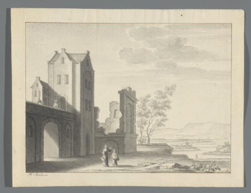 Partially ruined city wall with gate and several figures