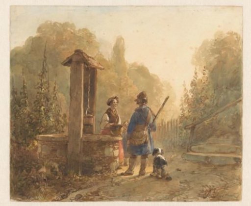 Hunter in conversation with a peasant woman by a well, next to him a dog