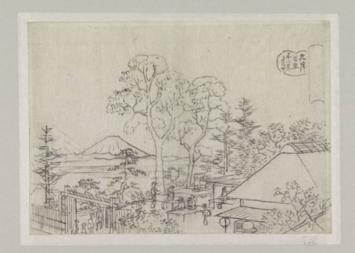 Tea house with a view over a plain, with the Fujiyama in the background