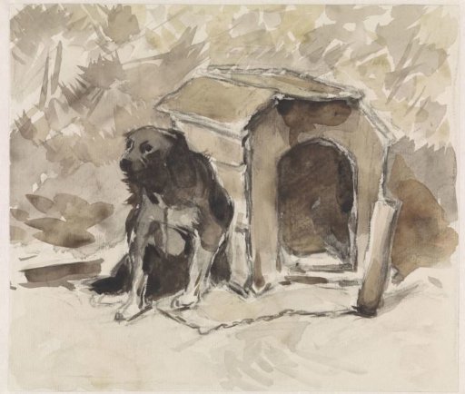Dog, sitting on a leash in front of its kennel