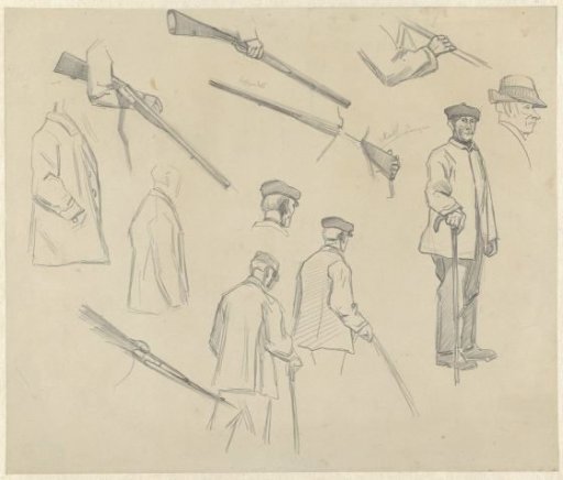 Sketch sheet with studies of hunters and guns
