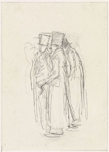 Group of standing gentlemen, with high hat and long coat