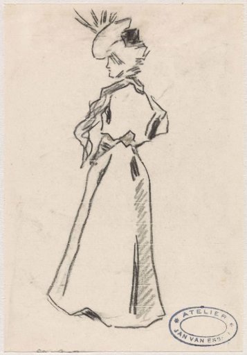 Standing lady, with high hat and hands on hips