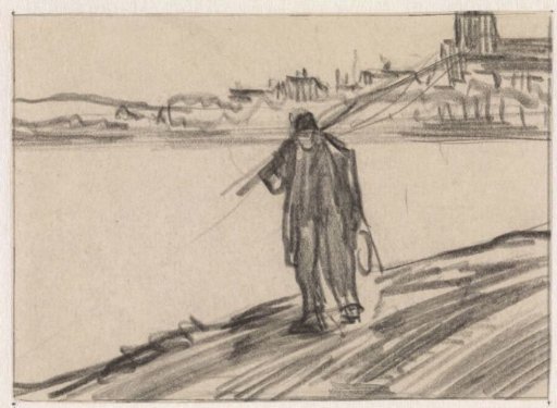 Fisherman walking along a canal