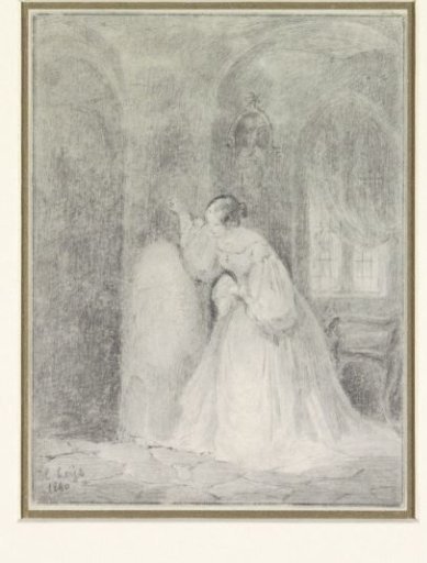 Interior with a young woman leaning against a pillar