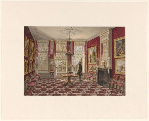 19th-Century Interior with Paintings and a Standing Figure