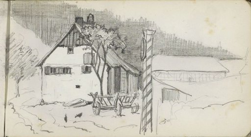 Cart on the yard in front of a farmhouse