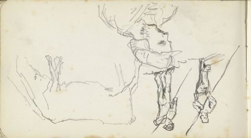 Cow, two men with sticks and a figure with a cap