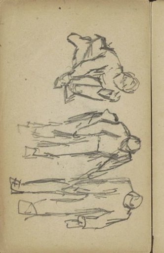 Two walking figures and one crouching figure
