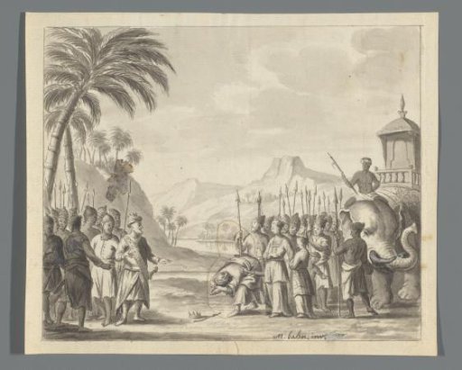 Meeting of Two Armies with Kings, One King Bows and Lays Down His Crown Before the Other