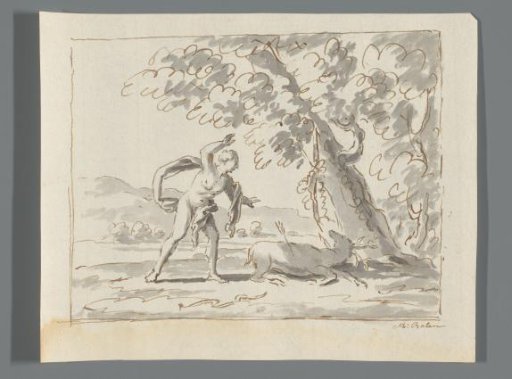 Man and a stag killed by an arrow