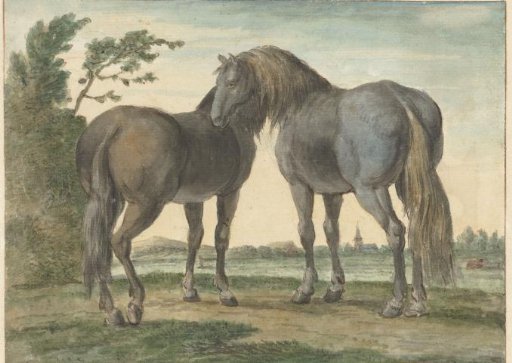 Two horses in a meadow, with a church tower in the background