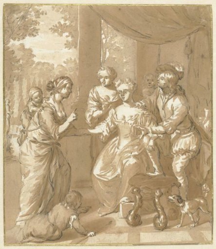 Fortune-teller with child reads the hand of a lady
