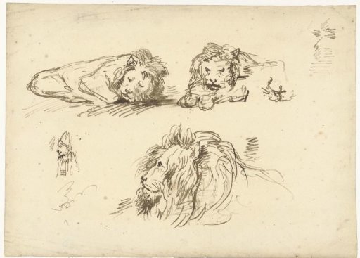 Three sketches of a lion and a man with a mitre on
