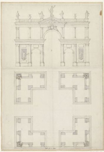 Design for a square portico, cross-sectioned, with statues on the balustrade and in niches