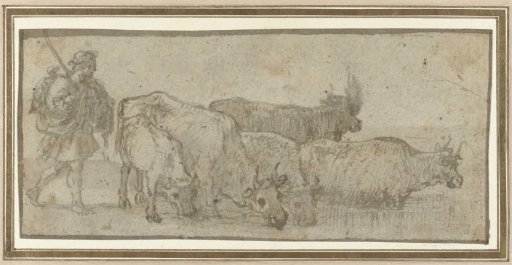 Shepherd with his herd of cattle by a ford