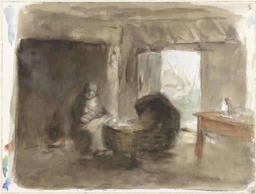 Woman with child by a cradle