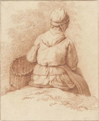Seated fisherwoman with a basket on her arm, seen from the back