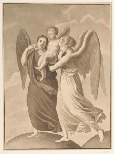 Two angels carrying a child over the division of two worlds represented as spheres
