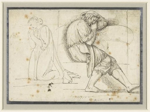 Study sheet with a sleeping young man and a kneeling praying woman