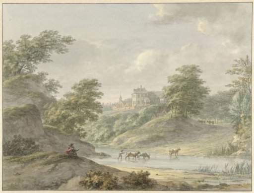Landscape with seated draftsman and castle by water