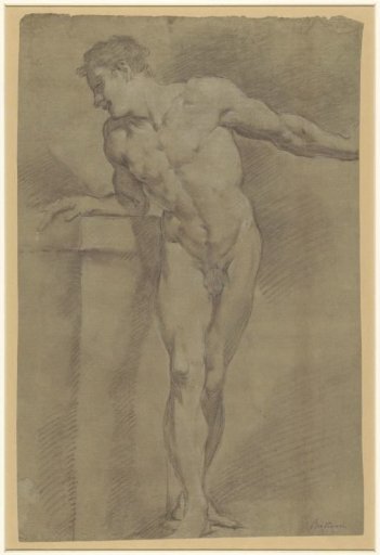 Study of a standing male model, leaning against a parapet