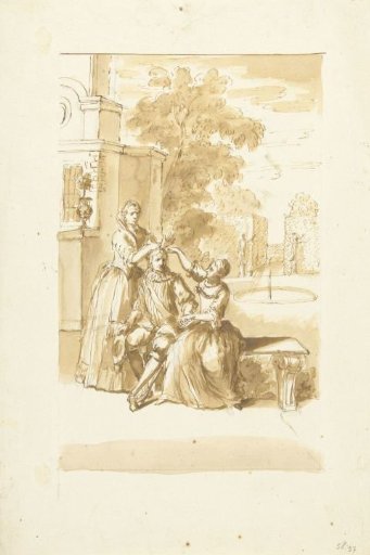 Poet's Coronation: Two Ladies Crowning a Seated Man in a Park