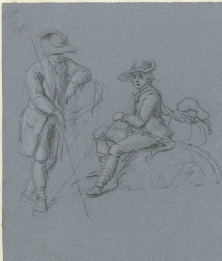 Two studies of a traveller, standing and sitting