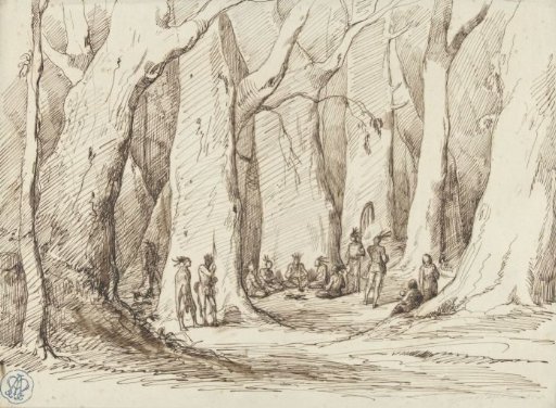 Gathering of Native Americans in a forest