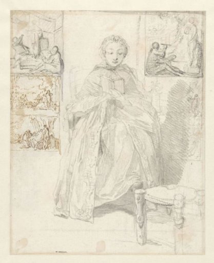 Study sheet with a reading woman and some sketches
