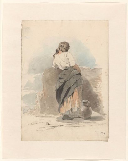 Standing young woman by a wall, seen from behind