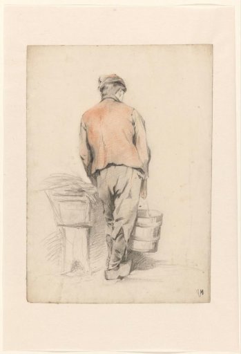 Standing boy with bucket, seen from behind