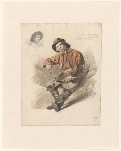 Sitting fisherman's boy with basket