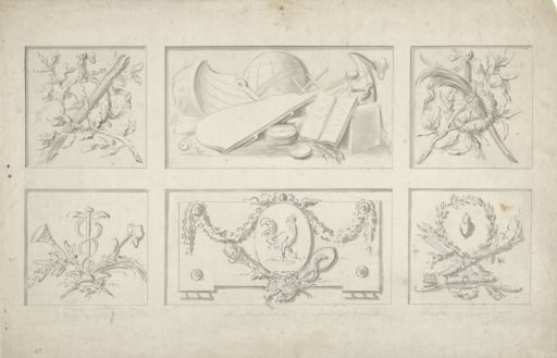 Six designs for panel decorations with attributes of Unity, Prudence, Fear, Love, Vigilance and Liberty