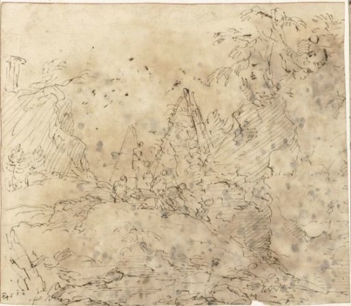 Mountainous Landscape with Two Pyramids and Several Figures