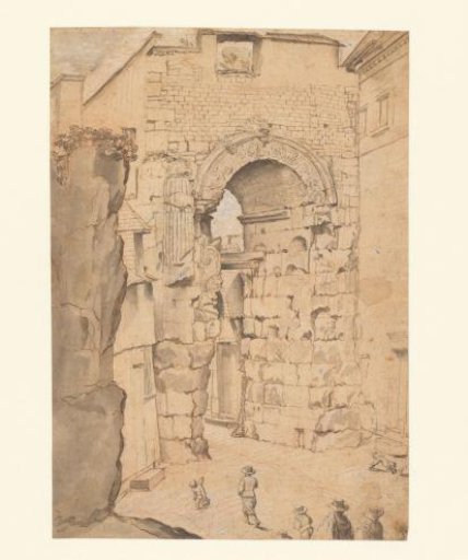 Walkers at an ancient city gate