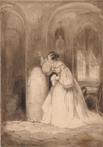 Interior with standing woman by a column