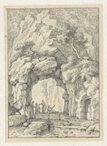 Small landscape with figures under a rock arch