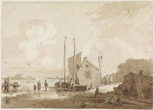 Winter view with figures near boats at a boathouse
