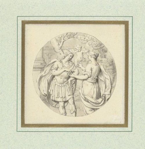 Mythological representation of Paris handing Venus the apple (?)
