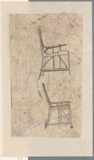Sketches of chairs, a table, and the facade of a church