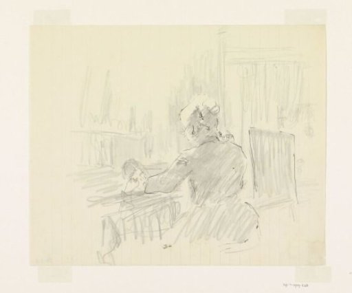 Study of the wife of Carel Adolph Lion Cachet, engaged in needlework, seen from the back