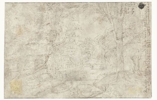 Hilly landscape with farm and river