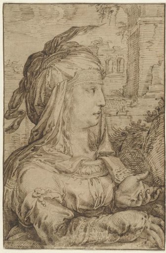 Woman in Fantastical Costume, in Profile Facing Right