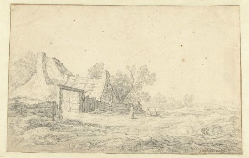 Dune landscape with three figures in front of a farm