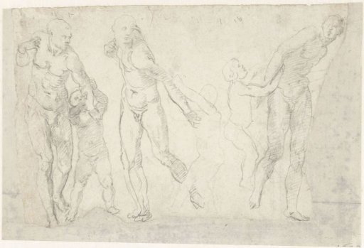 Three studies of a man being pulled by the arm by a child