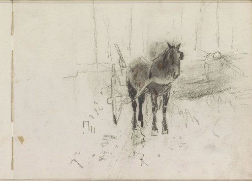 Horse harnessed to a cart in a forest