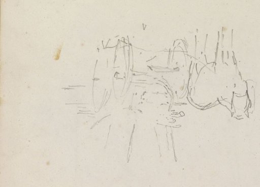 Horse harnessed to a wagon with brushwood