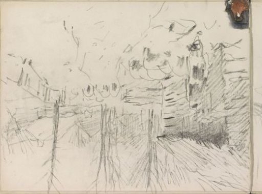 Shepherd with a flock of sheep on a path near a barn