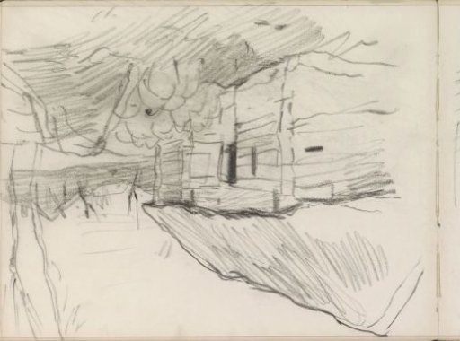 Flock of sheep by a stable with a thatched roof